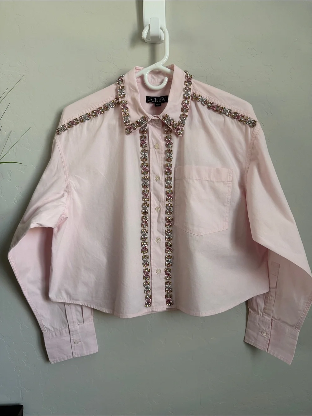J.Crew Collection Jeweled Rhinestone Button Down Shirt Pink Size S NWT $178 Flaw